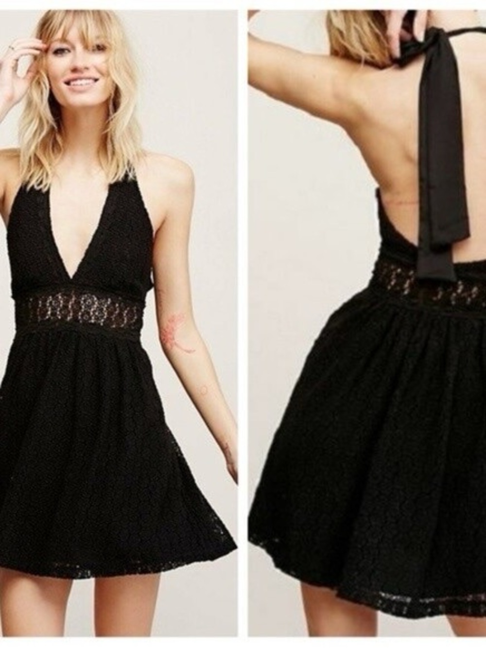 Free People So Sweetly Black Backless Halter Lace Mini Dress